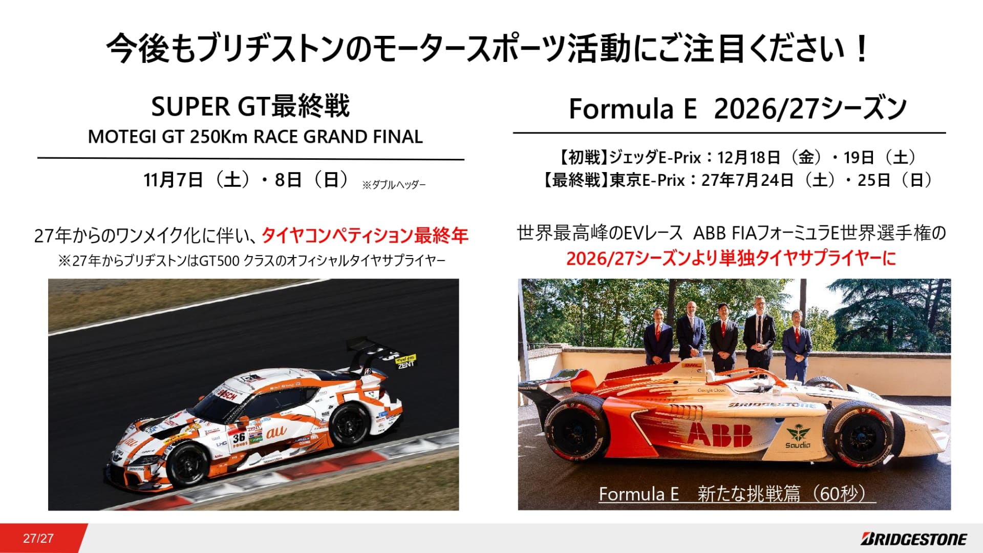今年もスーパー耐久のほかにも、スーパーGTやフォーミュラEなど、ブリヂストンの携わるレースが実施される