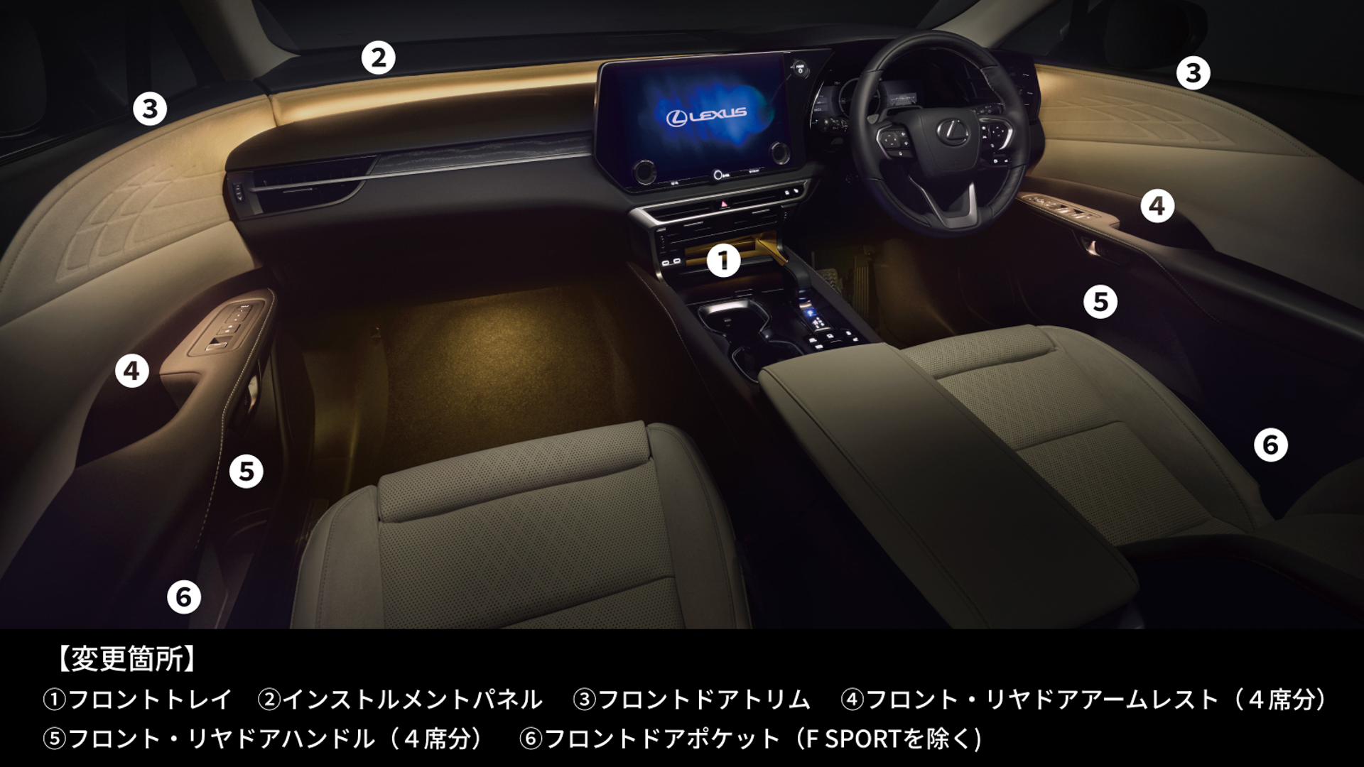 光演出の対象箇所は、フロントトレイ、インストルメントパネル、フロントドアトリム、フロント・リアドアアームレスト（4席分）、フロント・リアドアハンドル（4席分）、フロントドアポケットで、イルミネーションが連動して色と明るさが緩やかに変化する