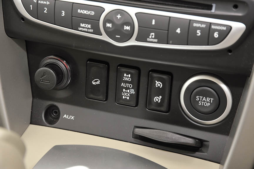 エンジンスタートスイッチのほかは、クルーズコントロール/スピードリミッター、4WD切り替え、ヒルダウンコントロールなどの走行系スイッチが並ぶ。AUXはカーオーディオの外部入力