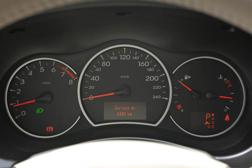 メーターは中央にスピード、左にタコメーター、右に燃料計と水温計。ライト点灯時は赤いに近いオレンジ色で照明される