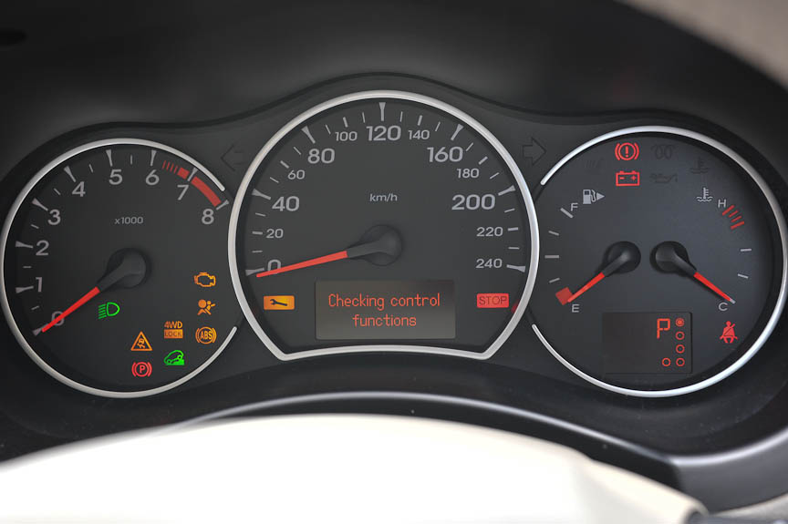 メーターは中央にスピード、左にタコメーター、右に燃料計と水温計。ライト点灯時は赤いに近いオレンジ色で照明される