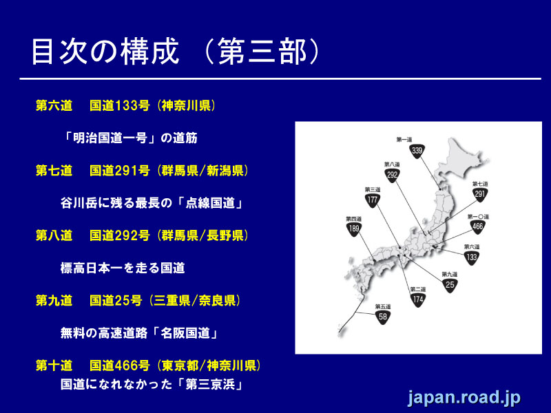 「国道の謎」の目次。「階段国道」「港国道」「点線国道」といったマニアならずとも興味深いキーワードから、道路行政の考察につながる