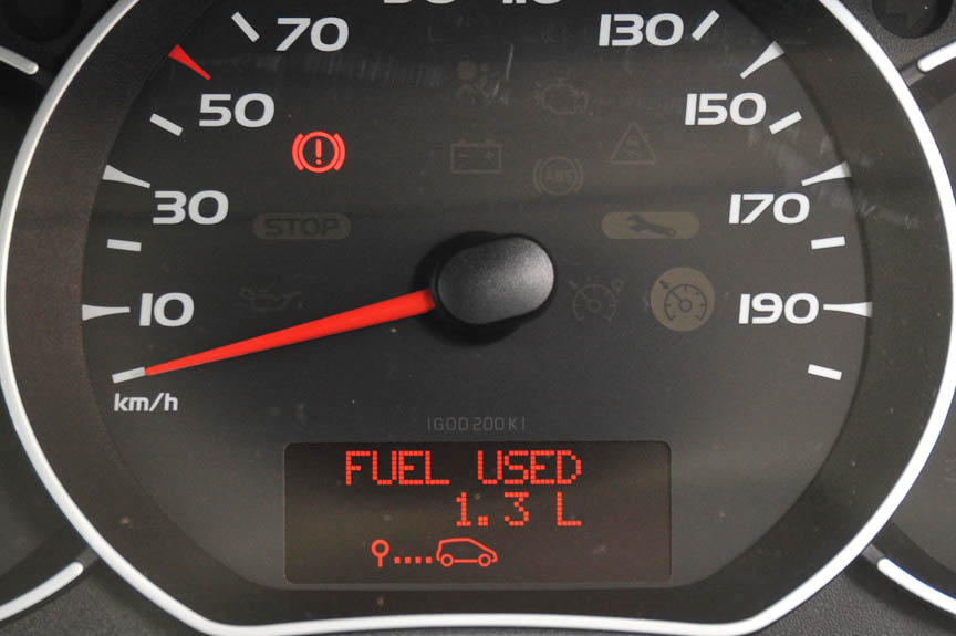 スピードメーター下のディスプレイは右側のコラムスイッチで操作。これはガソリン消費量