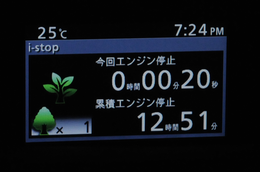 インストルメントパネル上部にはエアコンの表示部と、各種情報を表示するマルチインフォメーションディスプレイが用意される。表示内容はエンジン停止時間や燃費、トリップメーターもここに表示される。停止するとエコドライブ度を採点してくれる機能など、エコドライブを楽しめるようになっている