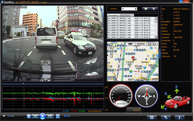 専用ビューアーソフトの画面。画像に加え、車速、3D Gセンサー情報、Google Mapsの地図を使った位置情報などが表示される