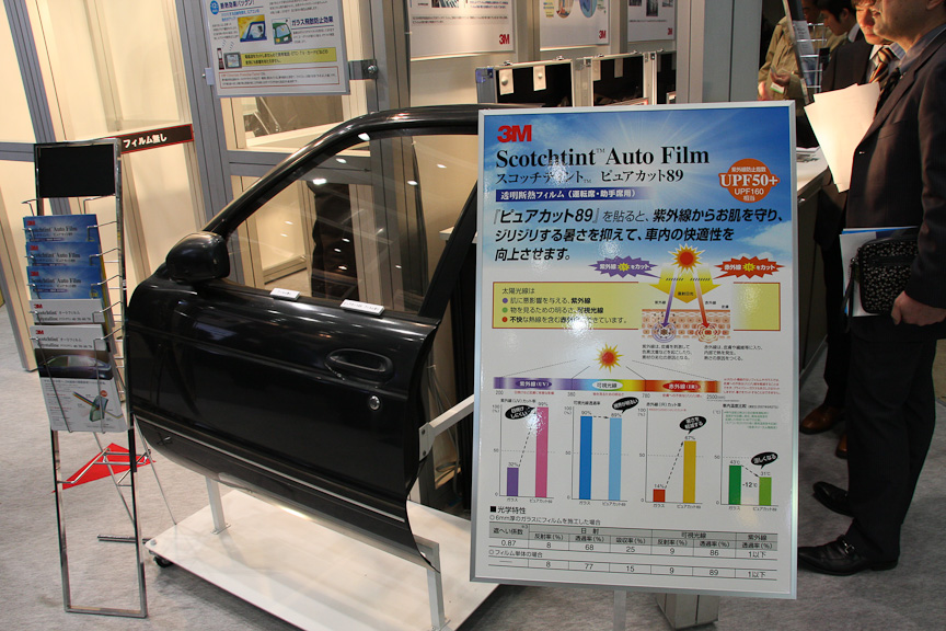 3Mの自動車用ウィンドーフィルム。紫外線・赤外線を防ぎ、空調の効率も上がる。透明度が高いので、フロントウィンドーなどにも使えるのが特徴