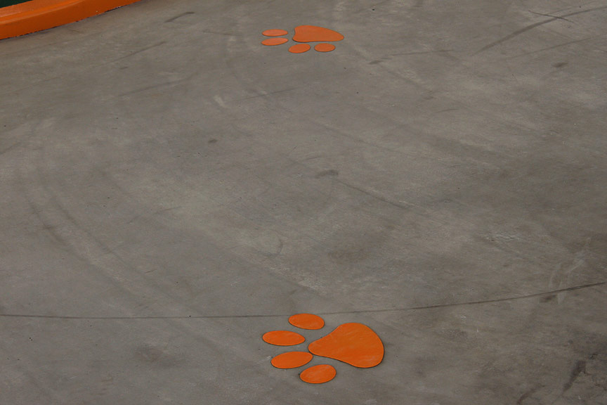 路面に書かれた猫の足跡マークを踏むアトラクション