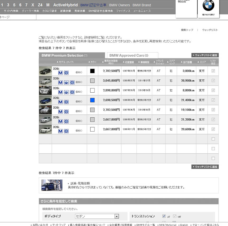 走行3万km以下の320i Mスポーツパッケージ付きを検索してみた