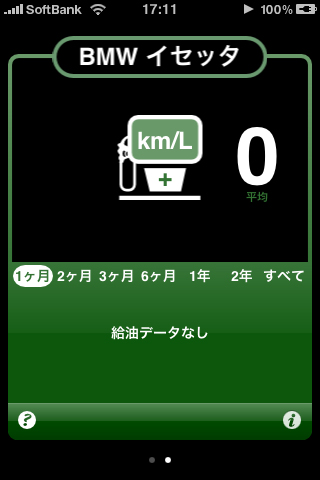 ファーストページ。前回の給油までの燃費と平均燃費を表示し、数値がグラフに反映される。＋をタップで記録画面に進む