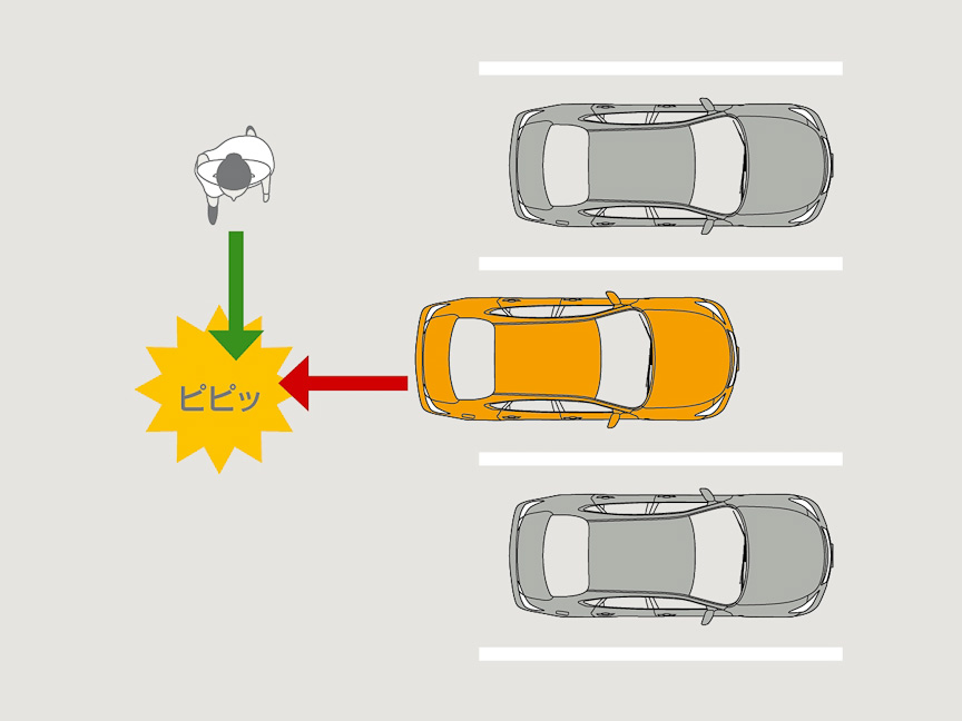 後退時はリアビュー画面とブザーで警告