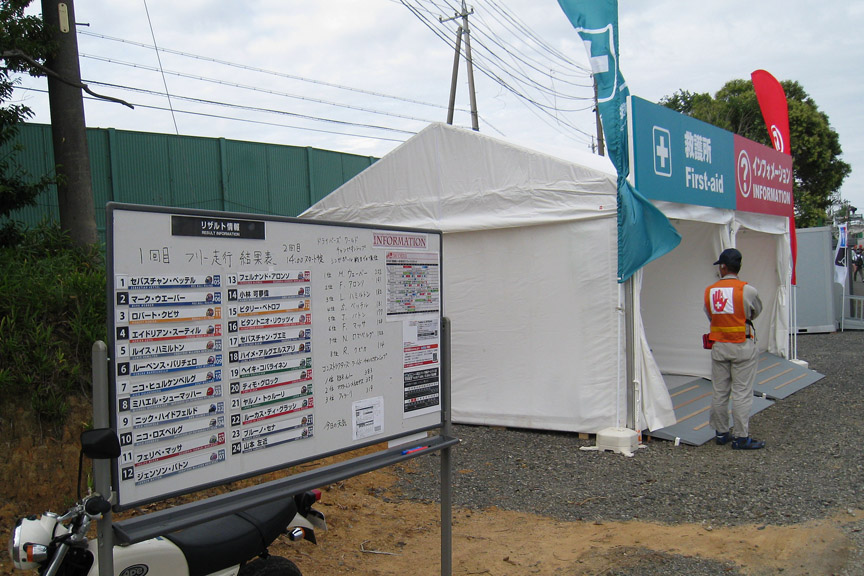 ヘアピンからスプーンに向かう途中のインフォメーション。フリー走行1回目の順位が掲示されていた