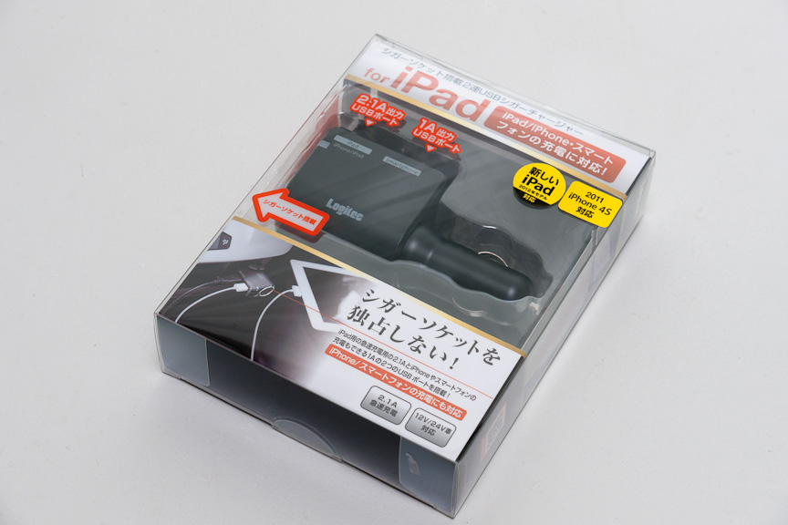 ロジテック「LPA-CC2U02S」パッケージ。新しいiPadの充電に対応していることが書かれている