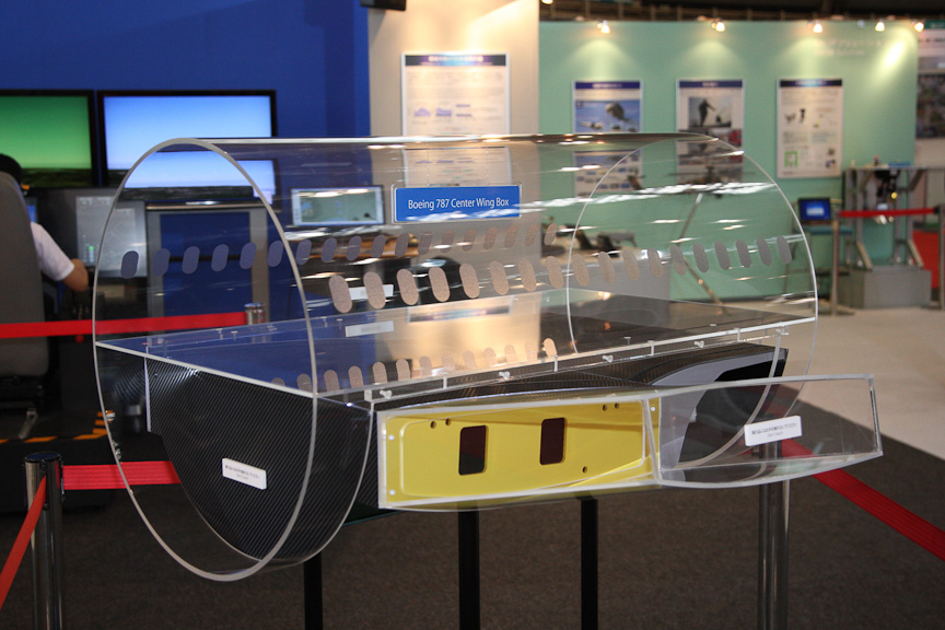ボーイング787に使われている中央翼の模型。主構造物として半田工場からセントレアを通じ、米国ワシントン州のボーイング エバレット工場に出荷されている