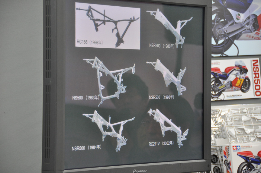 タミヤが模型化したレーシングマシンのフレームの変遷。このように楽しめるのも模型のおもしろさだ