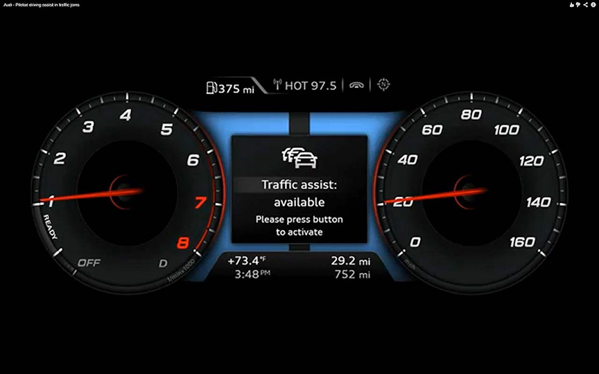 渋滞に入ると「Piloted driving assists in traffic jams」が利用可能になるボタンを押すことが促される（ビデオ映像より）