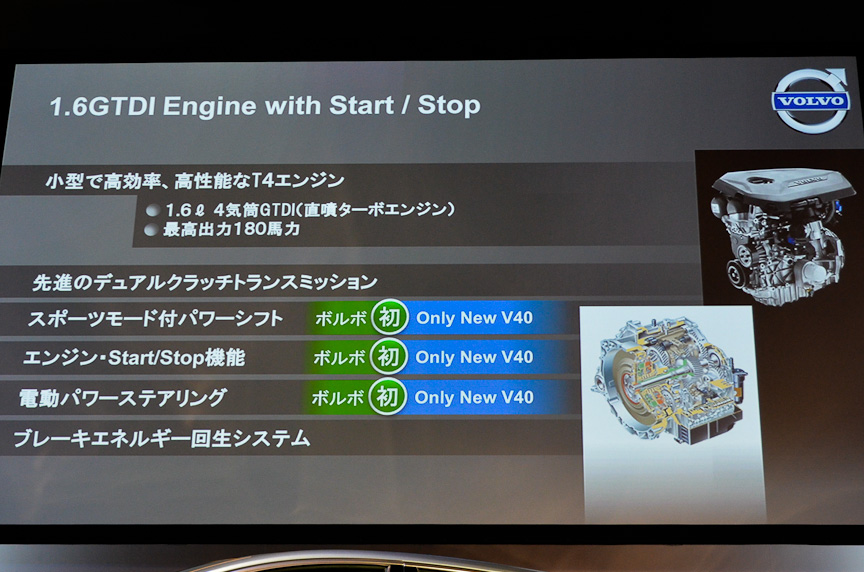 1.6リッターの直列4気筒直噴ターボエンジンを搭載。アイドリングストップ機構や電動パワーステアリング、スポーツモード付きデュアル・クラッチ・トランスミッションはボルボ初の装備だ。ブレーキエネルギー回生などと組み合わせ、JC08モード燃費は16.2km/L。75％のエコカー減税対象となる