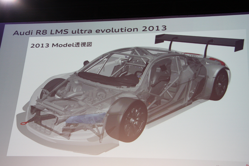 R8 LMS ultra 2013の透視図。いかにもレース車両というルックスだが、これで市販車両と55%が同じパーツで構成されているというのは驚きだ