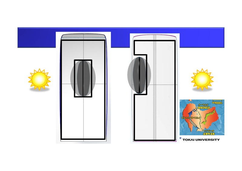 センターコクピットとサイドコクピット。日影の面積に違いがある