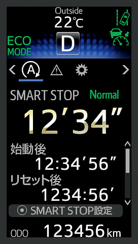 2眼式メーターの間に「TFTカラーマルチインフォメーションディスプレイ」を設置。「トリップインフォメーション」「ナビゲーション表示」「アイドリングストップ時間表示」「電話着信画面」などさまざまな情報を表示できる