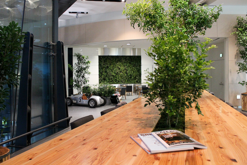 カフェスペースはショールームならではの広い空間、高い天井、大きな採光窓を活かして、木々の伸び伸びとした安らぎの雰囲気を演出。店内にはオリジナルの角材を使った大型テーブルが配置される