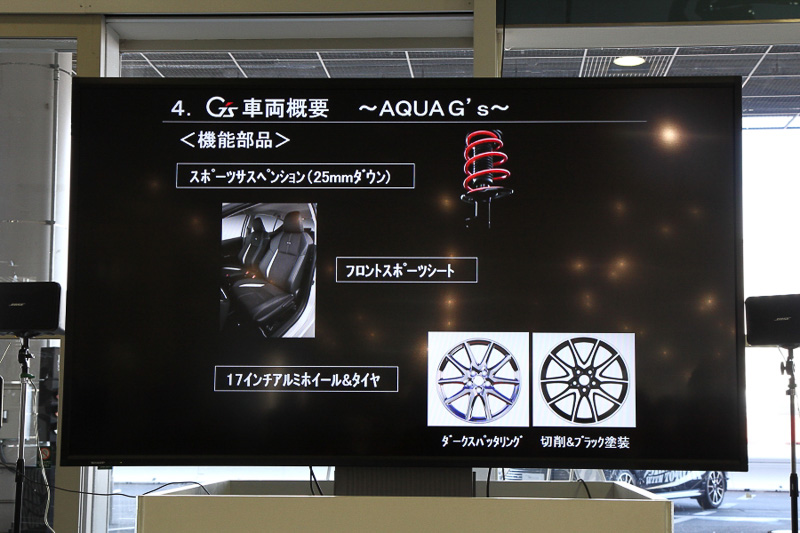 アクア G'sのシャシーは、ブレースバーとスポット増しによって剛性をアップ。ほかにも内外装に多数のアイテムを投入する