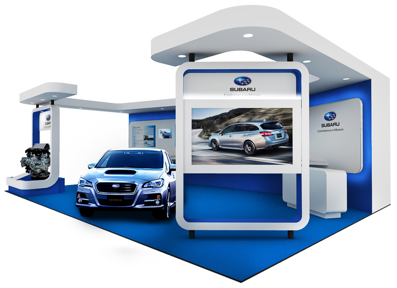 ブルーを基調としたブースでデビュー間近のレヴォーグやスバルの最新技術について紹介