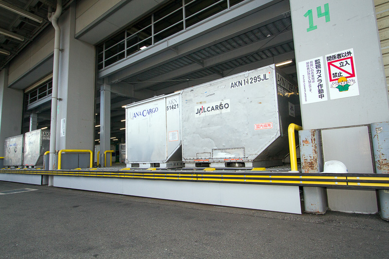 クロスベルトソーターで仕分けされた荷物は、それぞれ配送や航空機に積むためのコンテナに送られる。パレットの高さは空港で使用するフォークリフトに最適な高さとなっているという