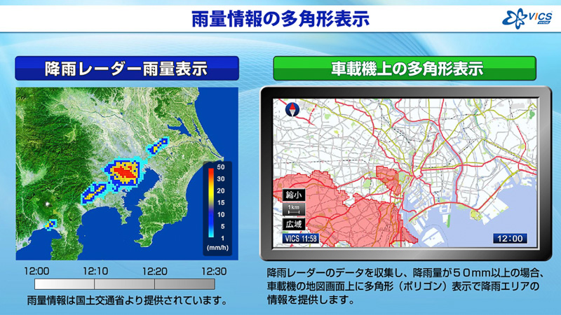 雨量情報の表示。降雨レーダーの情報を元に50mm/h以上のエリアを地図上に表示する
