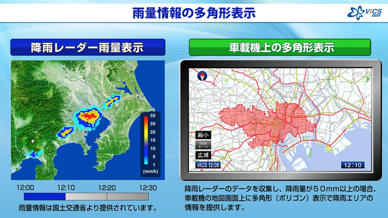 雨量情報の表示。降雨レーダーの情報を元に50mm/h以上のエリアを地図上に表示する