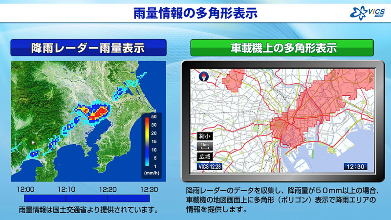 雨量情報の表示。降雨レーダーの情報を元に50mm/h以上のエリアを地図上に表示する