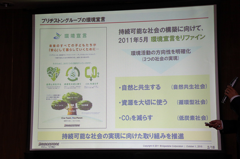 ブリヂストンの考える環境認識についての資料。2050年には世界人口は90億人、クルマの保有台数は20億台を超えるとの予想。そこで資源消費を抑えながらの経済成長が求められるようになるとの認識