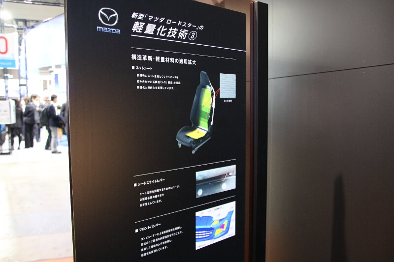 軽量化技術として、5つの項目にわたってパネル展示