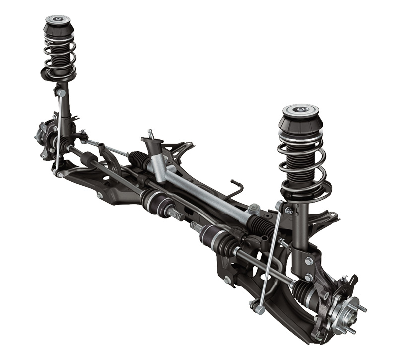 マクファーソンストラット式のフロントサスペンションにはベアリングとハブを一体化させたハブユニットを採用