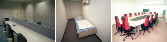 写真10：付帯設備の例（左からプロジェクトルーム、仮眠室、会議室）（出典：富士通）