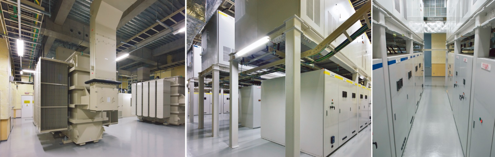 写真7：電源設備の例。左から特別高圧受電設備室、UPS設備室、変電設備室（出典：セコムトラストシステムズ）
