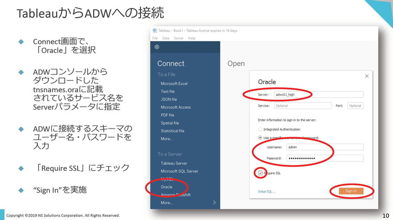 TableauのConnect画面におけるADWへの接続設定。初期設定を済ませたあとは接続先のADWを意識することなくTableauで分析が行える