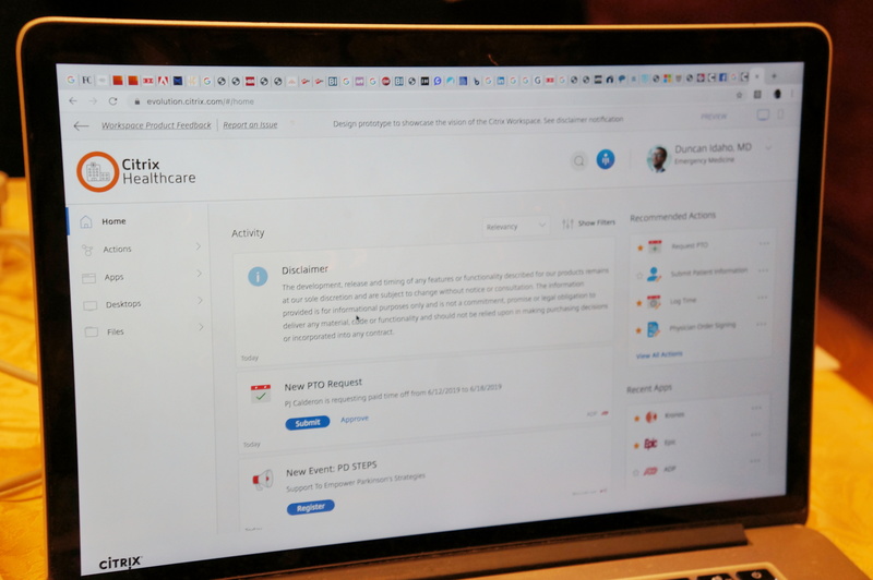 Citrix Workspace intelligent experienceの画面。マイクロアプリが並び、ユーザーに関連の高いものが中央に表示される