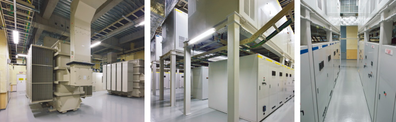 写真8：電源設備の例。左から特別高圧受電設備室、UPS設備室、変電設備室（出典：セコムトラストシステムズ）
