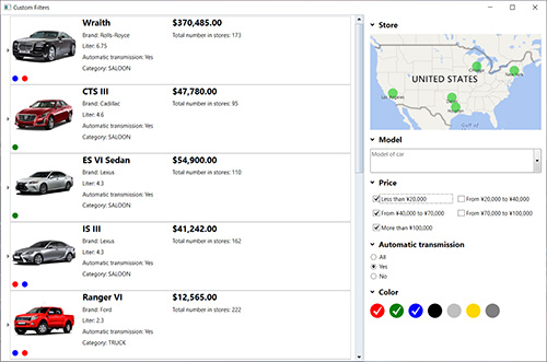 DataFilterコントロール。アコーディオンレイアウトを使用したグループの管理や、フィールドのデータ形式に基づいたフィルタ処理が可能