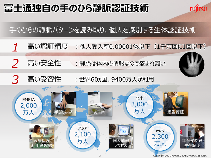 富士通研究所の手のひら静脈認証の特徴