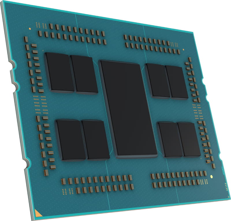 第2世代EPYCと同じく、1つのIOD（中央の一番大きなダイ）と8つのCPUダイから構成されている
