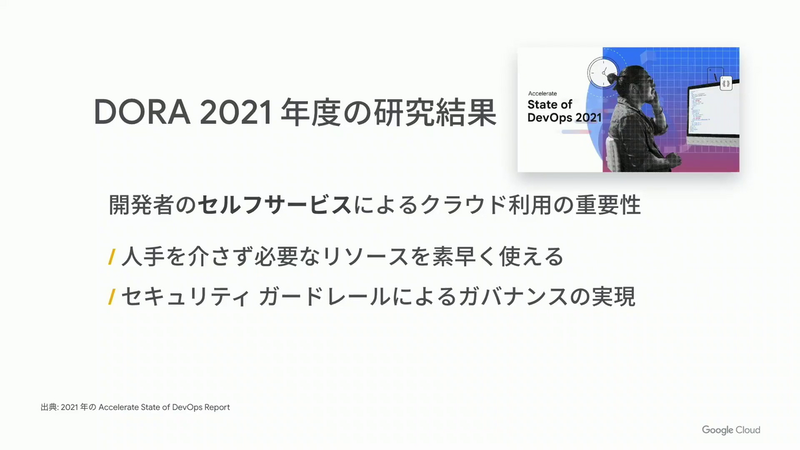DORAの研究結果より。パフォーマンスの高いチームの違いや、開発者がセルフサービスで利用できる意義について
