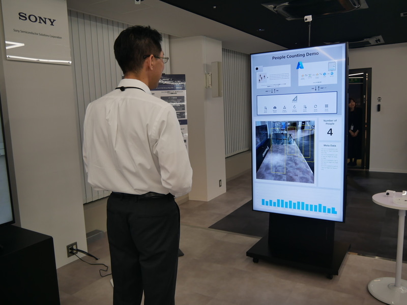 AITRIOSを利用したソリューションのデモ。センサーで人がいることを認識するが、人の画像は表示しない。年齢や性別、視線などを検知するという