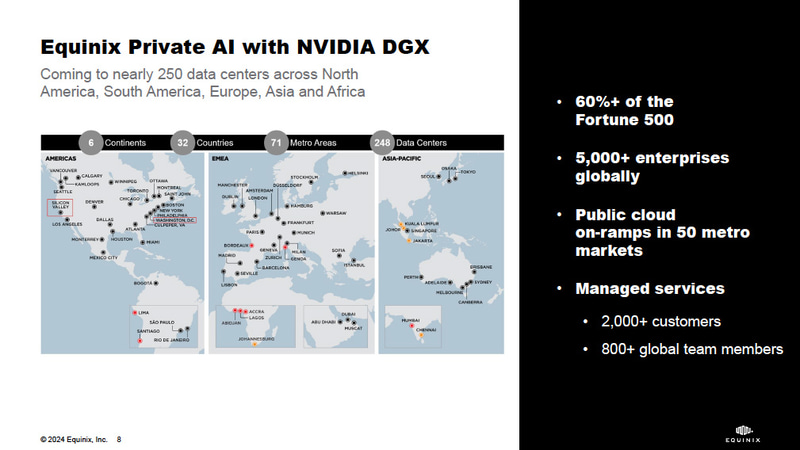 Equinixが6大陸/32カ国/248カ所に展開するデータセンターを自社のAIデータセンターのように利用できる点が本サービスの強み。サポートにはEquinixのデータセンタープロフェッショナルとNVIDIAのAIエキスパートがともに担当する