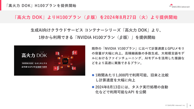 「高火力 DOK」で「NVIDIA H100プラン（β版）」提供開始