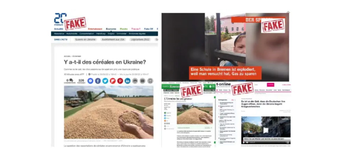 EU DisinfoLabによって明らかにされた“ドッペルゲンガー”こと、ロシアのプロパガンダ発信サイトによるクローンサイト。The GuardianRBC Ukraineなど本物のメディアサイトの外観とクレジットを複製し、ウクライナを破たんしたナチス国家として描写したり、ブチャの虐殺を否定するなど、ウクライナ戦争に関するクレムリンの見解を広めている