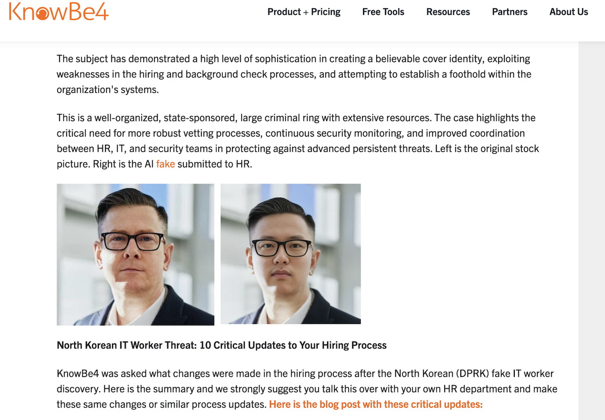 KnowBe4は同社で発生した北朝鮮IT技術者によるなりすまし事件の概要を同社のブログで報告している。ニセのIT労働者は左のストックフォトの画像をAIで加工して右のフェイク画像を生成し、履歴書写真として同社の人事に送信した