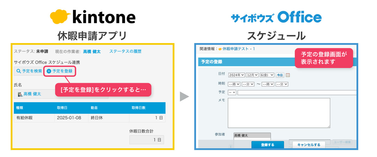 「kintone」休暇申請アプリのレコード詳細画面