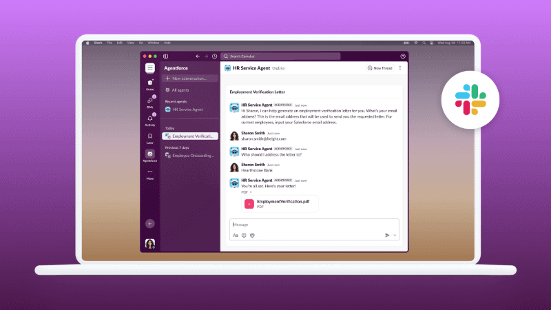 従業員はSlack上からAgentforceに質問することで、人事業務に関する個別対応の回答やサポート、個人情報の更新や休暇申請の管理などを行える