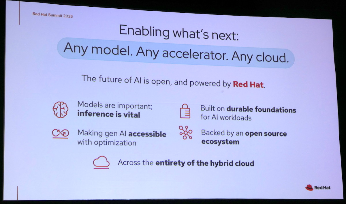 AIがより日常的になっている未来には“Any model. Any accelerator. Any cloud.”を実現するプラットフォームが必要であり、そのプラットフォームはオープンソースで構築されているというのがRed Hatの主張